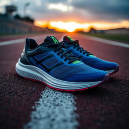 A pair of modern running shoes placed on a track surface, showcasing a dynamic design with vibrant colors such as electric blue and neon green