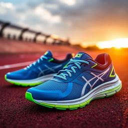 A pair of modern running shoes placed on a track surface, showcasing a dynamic design with vibrant colors such as electric blue and neon green