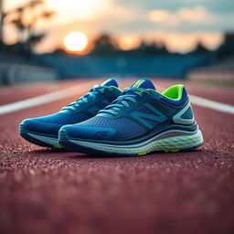 A pair of modern running shoes placed on a track surface, showcasing a dynamic design with vibrant colors such as electric blue and neon green