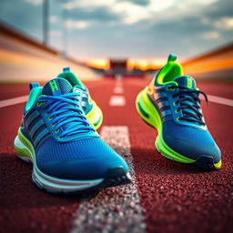 A pair of modern running shoes placed on a track surface, showcasing a dynamic design with vibrant colors such as electric blue and neon green