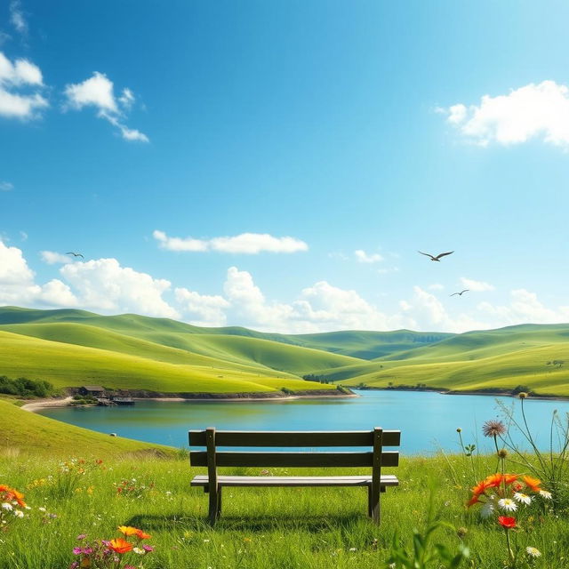 A serene landscape symbolizing peace, featuring rolling green hills under a bright blue sky, soft white clouds drifting lazily, a calm lake reflecting the sunlight, surrounded by vibrant wildflowers in bloom, a gentle breeze rustling through the grass, and birds soaring through the sky