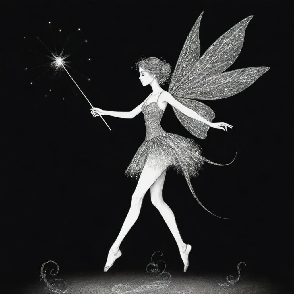 Two-dimensional, black and white drawing of a fairy dancing with a magic wand.