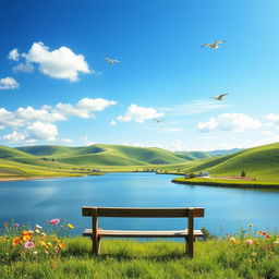A serene landscape symbolizing peace, featuring rolling green hills under a bright blue sky, soft white clouds drifting lazily, a calm lake reflecting the sunlight, surrounded by vibrant wildflowers in bloom, a gentle breeze rustling through the grass, and birds soaring through the sky