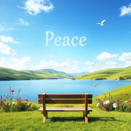 A serene landscape symbolizing peace, featuring rolling green hills under a bright blue sky, soft white clouds drifting lazily, a calm lake reflecting the sunlight, surrounded by vibrant wildflowers in bloom, a gentle breeze rustling through the grass, and birds soaring through the sky