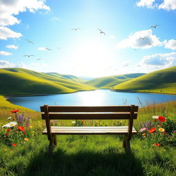 A serene landscape symbolizing peace, featuring rolling green hills under a bright blue sky, soft white clouds drifting lazily, a calm lake reflecting the sunlight, surrounded by vibrant wildflowers in bloom, a gentle breeze rustling through the grass, and birds soaring through the sky