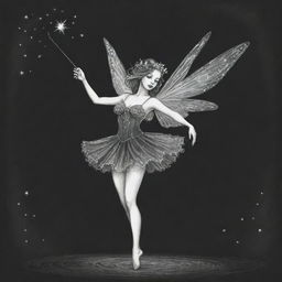 Two-dimensional, black and white drawing of a fairy dancing with a magic wand.