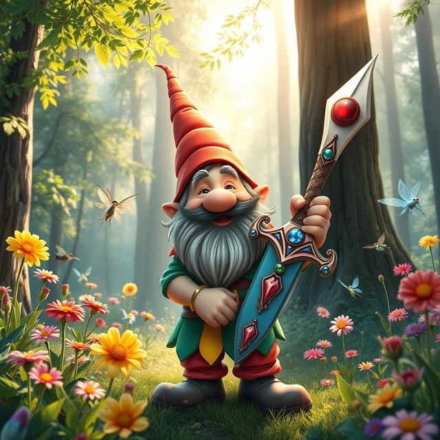 A whimsical scene depicting a cheerful dwarf in a lush, enchanted forest setting