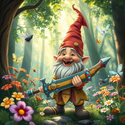 A whimsical scene depicting a cheerful dwarf in a lush, enchanted forest setting