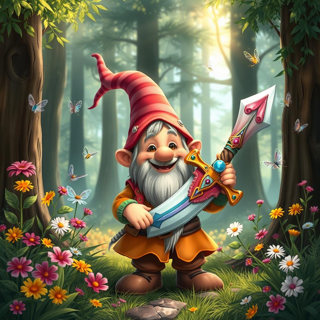 A whimsical scene depicting a cheerful dwarf in a lush, enchanted forest setting