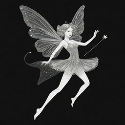 Two-dimensional, black and white drawing of a fairy dancing with a magic wand.