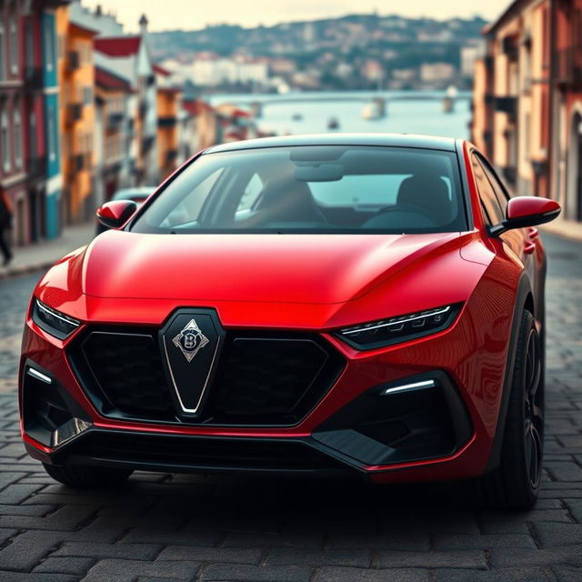 A modernized version of a classic Portuguese car, featuring sleek curves, a bold front grille, and state-of-the-art LED headlights