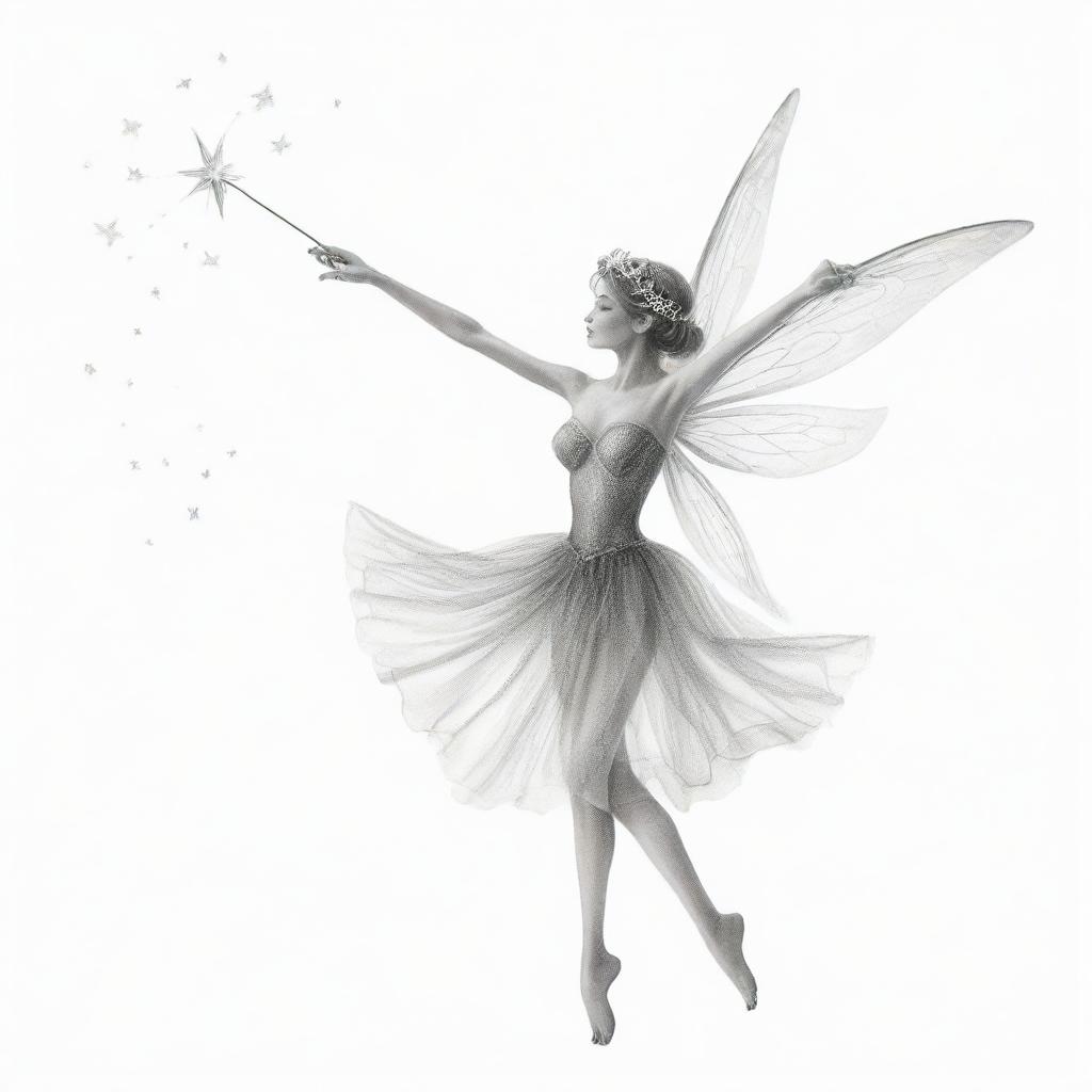 Two-dimensional, black and white drawing of a fairy dancing with a magic wand on a white background.