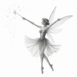 Two-dimensional, black and white drawing of a fairy dancing with a magic wand on a white background.