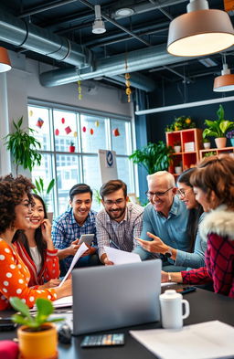 A diverse team of professionals working together in a vibrant, collaborative office environment