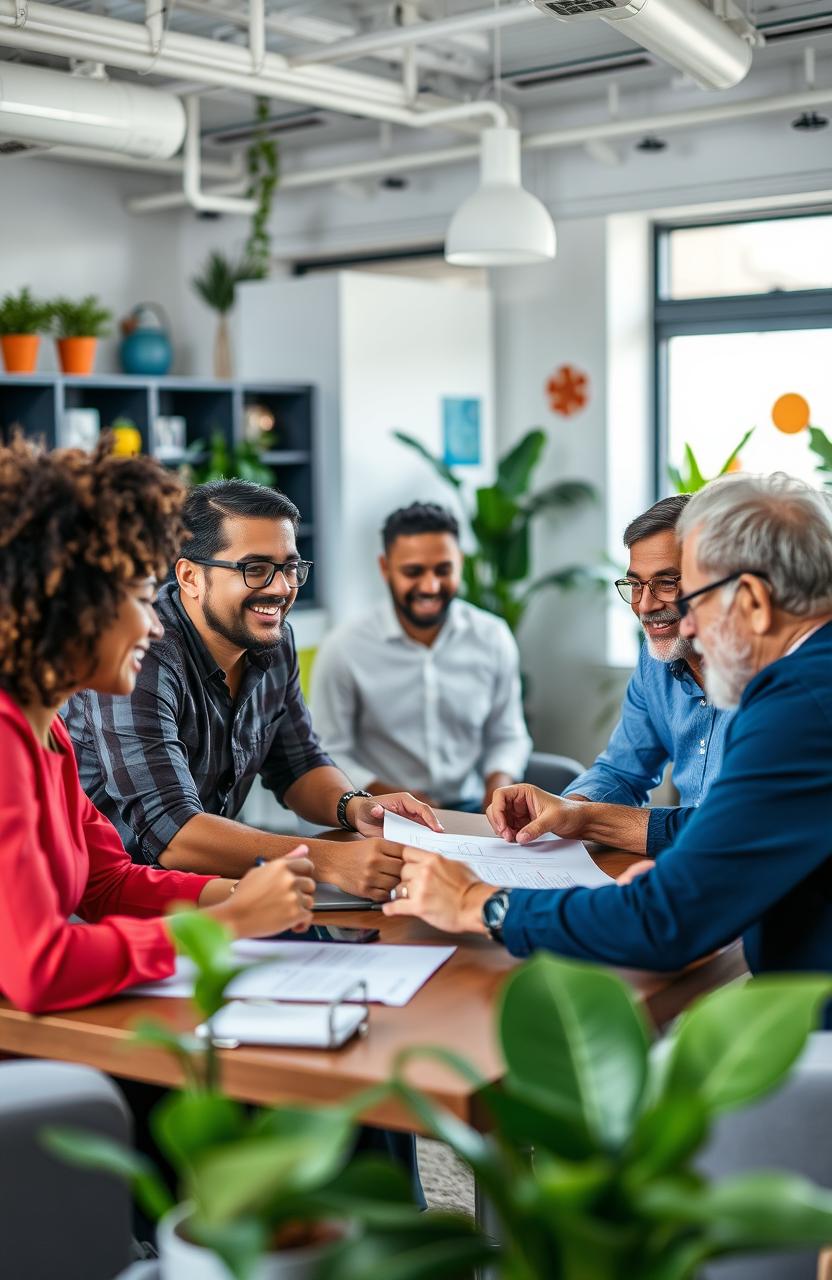 A diverse team of professionals working together in a vibrant, collaborative office environment