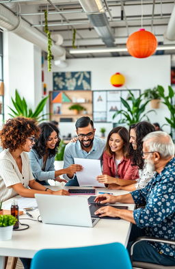 A diverse team of professionals working together in a vibrant, collaborative office environment