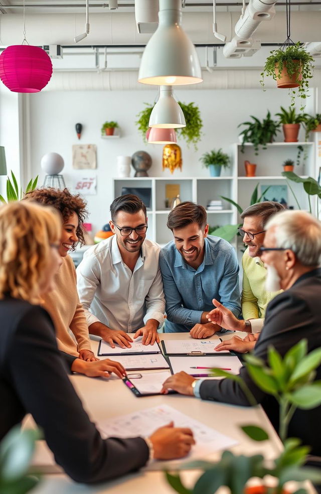 A diverse team of professionals working together in a vibrant, collaborative office environment