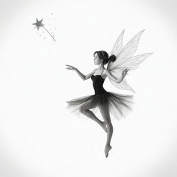 Two-dimensional, black and white drawing of a fairy dancing with a magic wand on a white background.