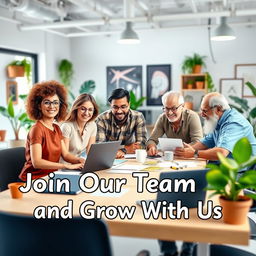 A compelling Facebook cover image illustrating a diverse and enthusiastic team working together in a modern office setting
