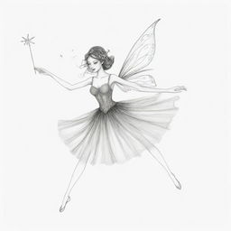 Two-dimensional, black and white drawing of a fairy dancing with a magic wand on a white background.