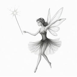 Two-dimensional, black and white drawing of a fairy dancing with a magic wand on a white background.