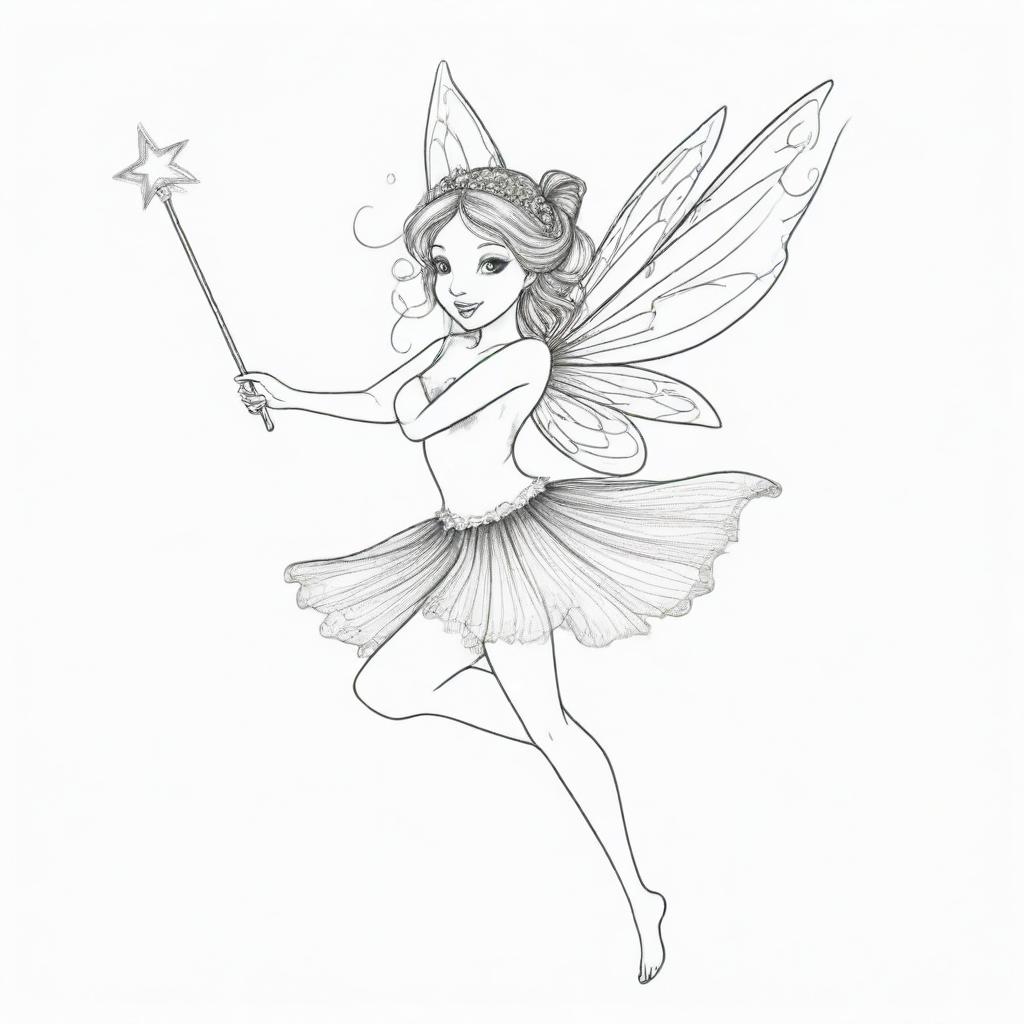 Two-dimensional, black and white drawing of a fairy dancing with a magic wand on a white background, designed for a colouring page.