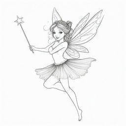 Two-dimensional, black and white drawing of a fairy dancing with a magic wand on a white background, designed for a colouring page.