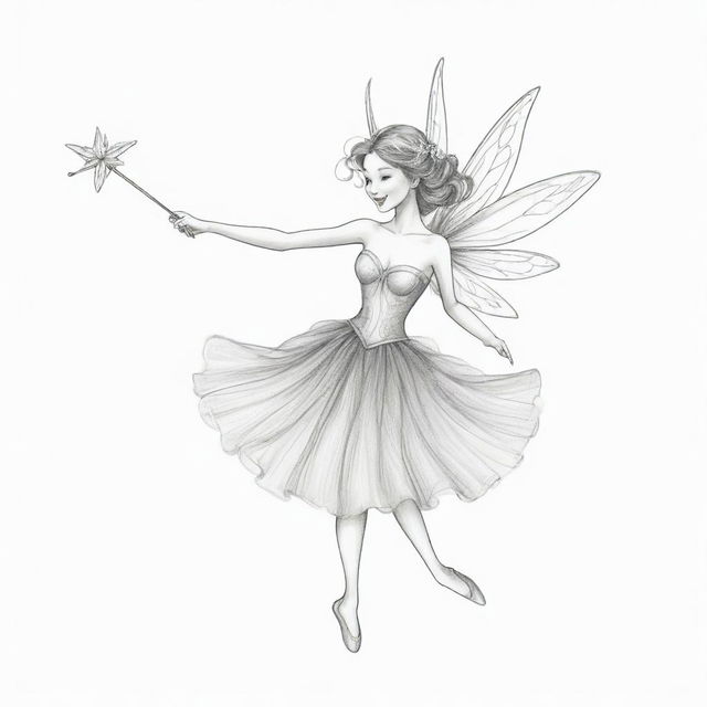 Two-dimensional, black and white drawing of a fairy dancing with a magic wand on a white background, designed for a colouring page.