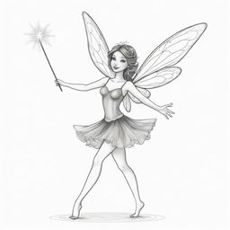 Two-dimensional, black and white drawing of a fairy dancing with a magic wand on a white background, designed for a colouring page.