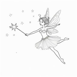 Two-dimensional, black and white drawing of a fairy dancing with a magic wand on a white background, designed for a colouring page.