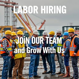 A captivating Facebook cover image focused on labor hiring, depicting a dynamic group of workers from various fields such as construction, manufacturing, and logistics