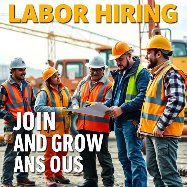 A captivating Facebook cover image focused on labor hiring, depicting a dynamic group of workers from various fields such as construction, manufacturing, and logistics