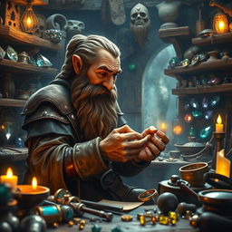 A detailed and imaginative scene featuring a dwarf who is creating intricate fake jewelry in a dimly lit workshop filled with tools and shiny gemstones