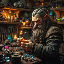 A detailed and imaginative scene featuring a dwarf who is creating intricate fake jewelry in a dimly lit workshop filled with tools and shiny gemstones