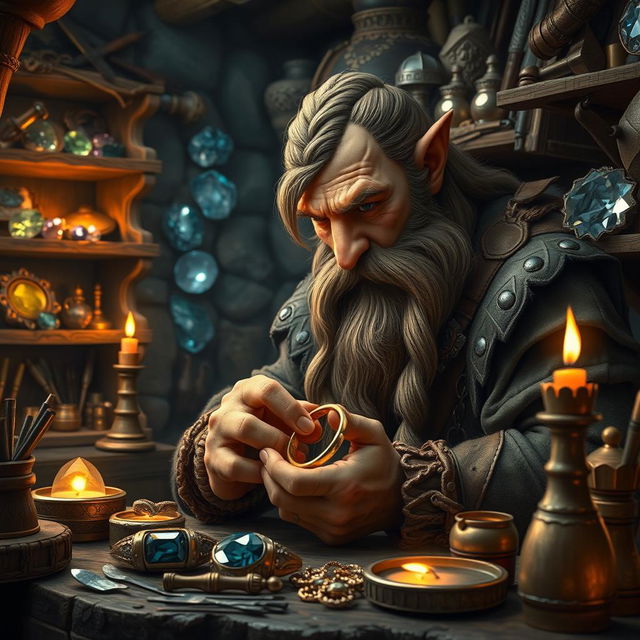 A detailed and imaginative scene featuring a dwarf who is creating intricate fake jewelry in a dimly lit workshop filled with tools and shiny gemstones