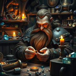 A detailed and imaginative scene featuring a dwarf who is creating intricate fake jewelry in a dimly lit workshop filled with tools and shiny gemstones