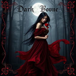 A captivating book cover for a dark romance novel, featuring a mysterious, beautiful woman with long flowing black hair, standing in a misty forest at twilight