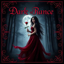 A captivating book cover for a dark romance novel, featuring a mysterious, beautiful woman with long flowing black hair, standing in a misty forest at twilight