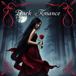 A captivating book cover for a dark romance novel, featuring a mysterious, beautiful woman with long flowing black hair, standing in a misty forest at twilight