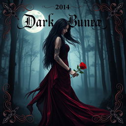 A captivating book cover for a dark romance novel, featuring a mysterious, beautiful woman with long flowing black hair, standing in a misty forest at twilight