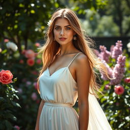 A poised and elegant young woman standing confidently in a lush garden, wearing a flowing cream-colored dress