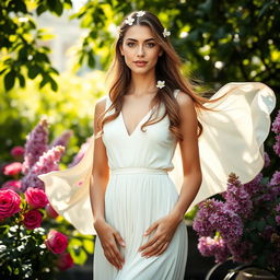 A poised and elegant young woman standing confidently in a lush garden, wearing a flowing cream-colored dress