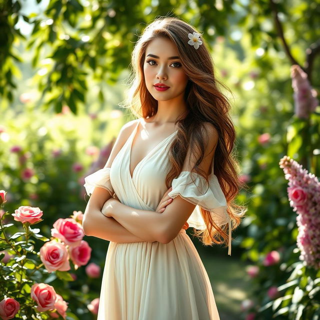 A poised and elegant young woman standing confidently in a lush garden, wearing a flowing cream-colored dress