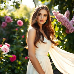 A poised and elegant young woman standing confidently in a lush garden, wearing a flowing cream-colored dress