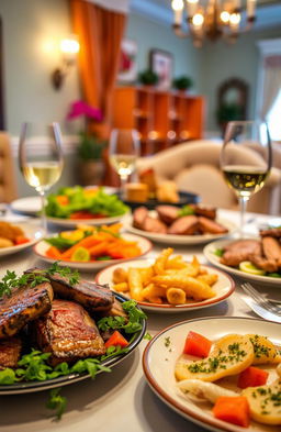 A vibrant and colorful scene depicting a variety of delicious dishes on a well-set dining table