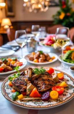 A vibrant and colorful scene depicting a variety of delicious dishes on a well-set dining table