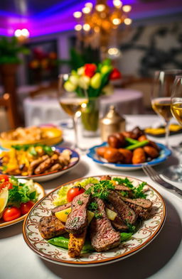 A vibrant and colorful scene depicting a variety of delicious dishes on a well-set dining table