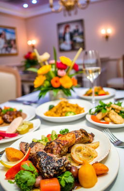 A vibrant and colorful scene depicting a variety of delicious dishes on a well-set dining table