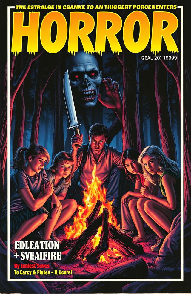 An 80s style horror magazine cover featuring a group of young adults gathered around a campfire in a dark, eerie forest