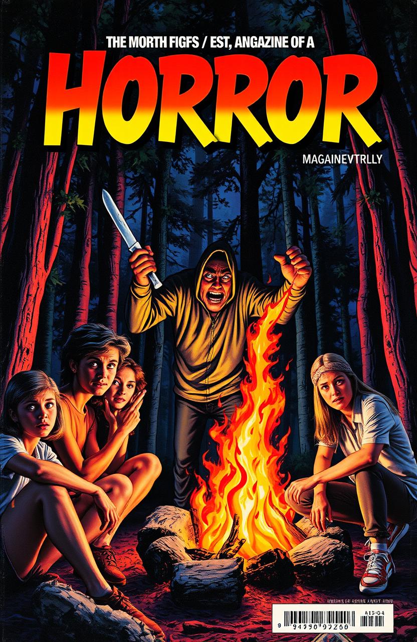 An 80s style horror magazine cover featuring a group of young adults gathered around a campfire in a dark, eerie forest